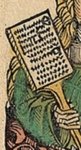 Fragment postaci św. Cecylii z Kroniki norymberskiej, 1493 - widać lustrzane inicjały