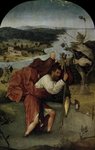 Hieronim Bosch - ßw. Krzysztof. W tle scena wieszania (dziwnej postaci w zwierzęcym stroju). Krzysztof do kija ma przywiązaną rybę, którą niesie jak na wędce